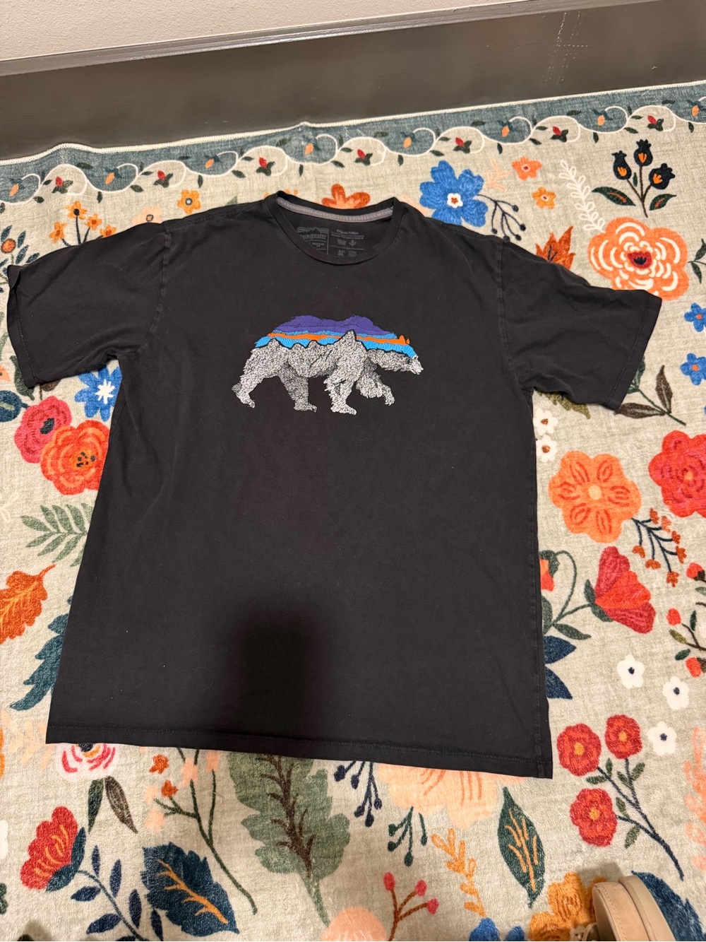 Patagonia Black Graphic Bear Tee with Multicolor Mountain Print